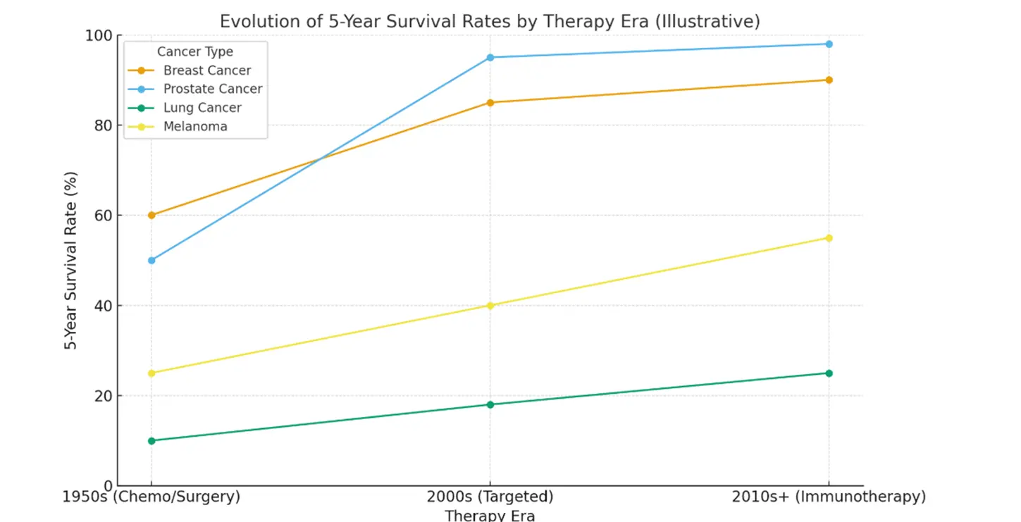 Infographic comparing 5-year survival improvements for breast cancer, prostate cancer, lung cancer, and melanoma across different eras of treatment.